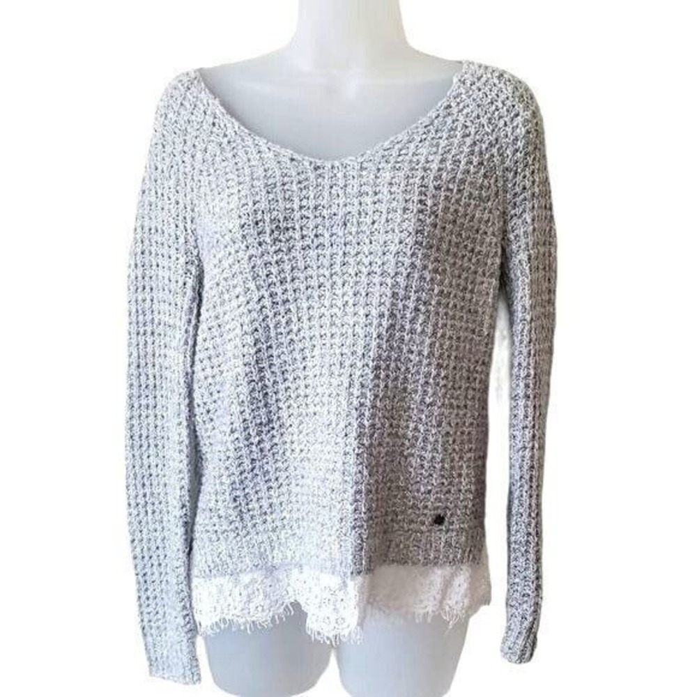 Hollister Women Coquette Ballet Cottage Waffle Knit Sweater XS Gray Lace Trim